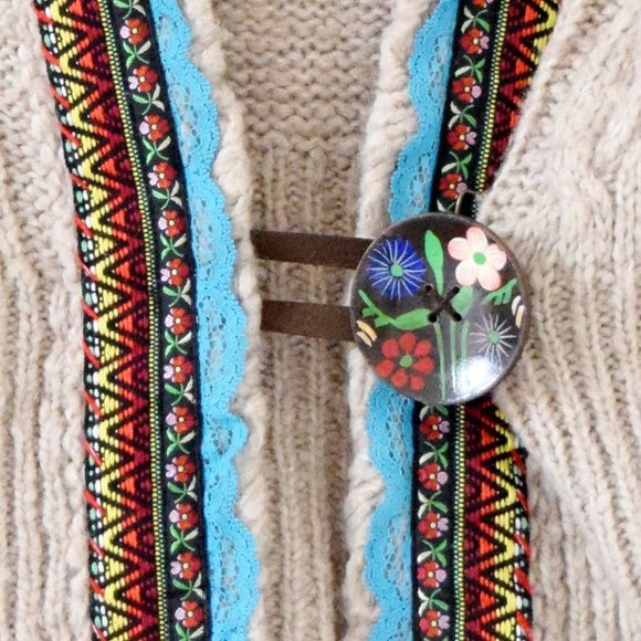 FREE PEOPLE Tan Klara Wool Cable Knit Embroidered Trim Button Cardigan | Size XS - Picture 3 of 11